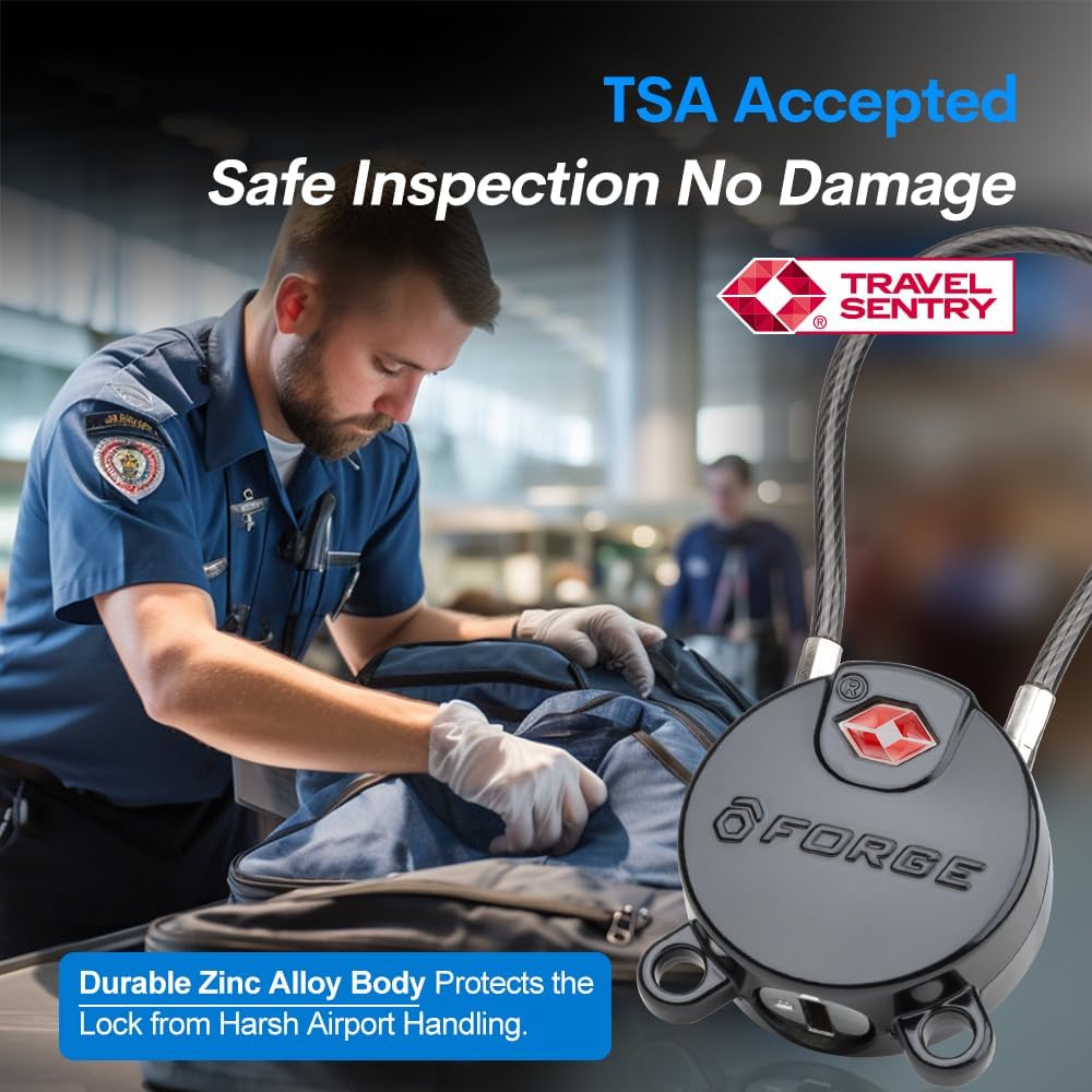 Forge TSA Approved Luggage Locks Ultra-Secure Dimple Key Cable Locks for Travel with Zinc Alloy Body- 6 Black Locks