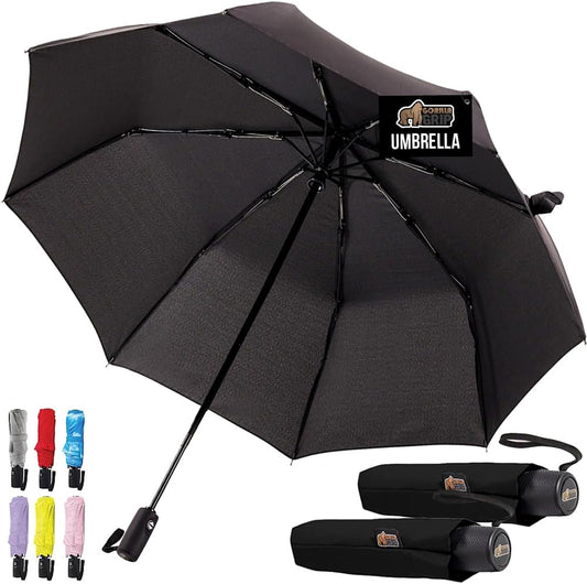 GORILLA GRIP Strong Stick Umbrella for Rain, Compact Travel One-Click Automatic Open Close, Lightweight, Portable, US Designed Reinforced Fiberglass Ribs, Wind Resistant Easy Collapse, Black 2 Pack