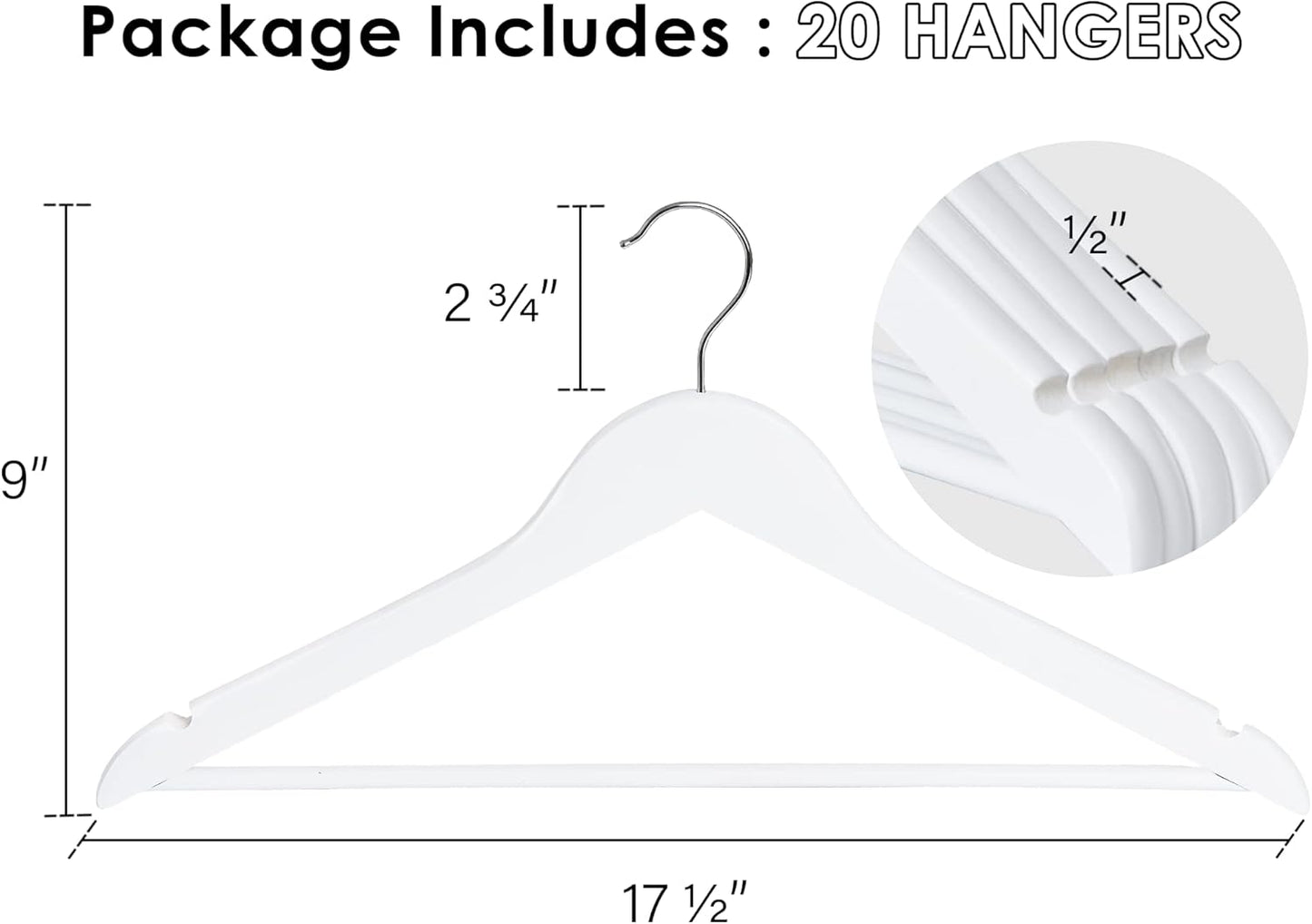 StorageWorks White Wooden Hangers, 20 Pack Wood Hanger for Closet, Coat Hangers for Coats, Shirts, Pants, Bridesmaid Suits, Wedding Dress