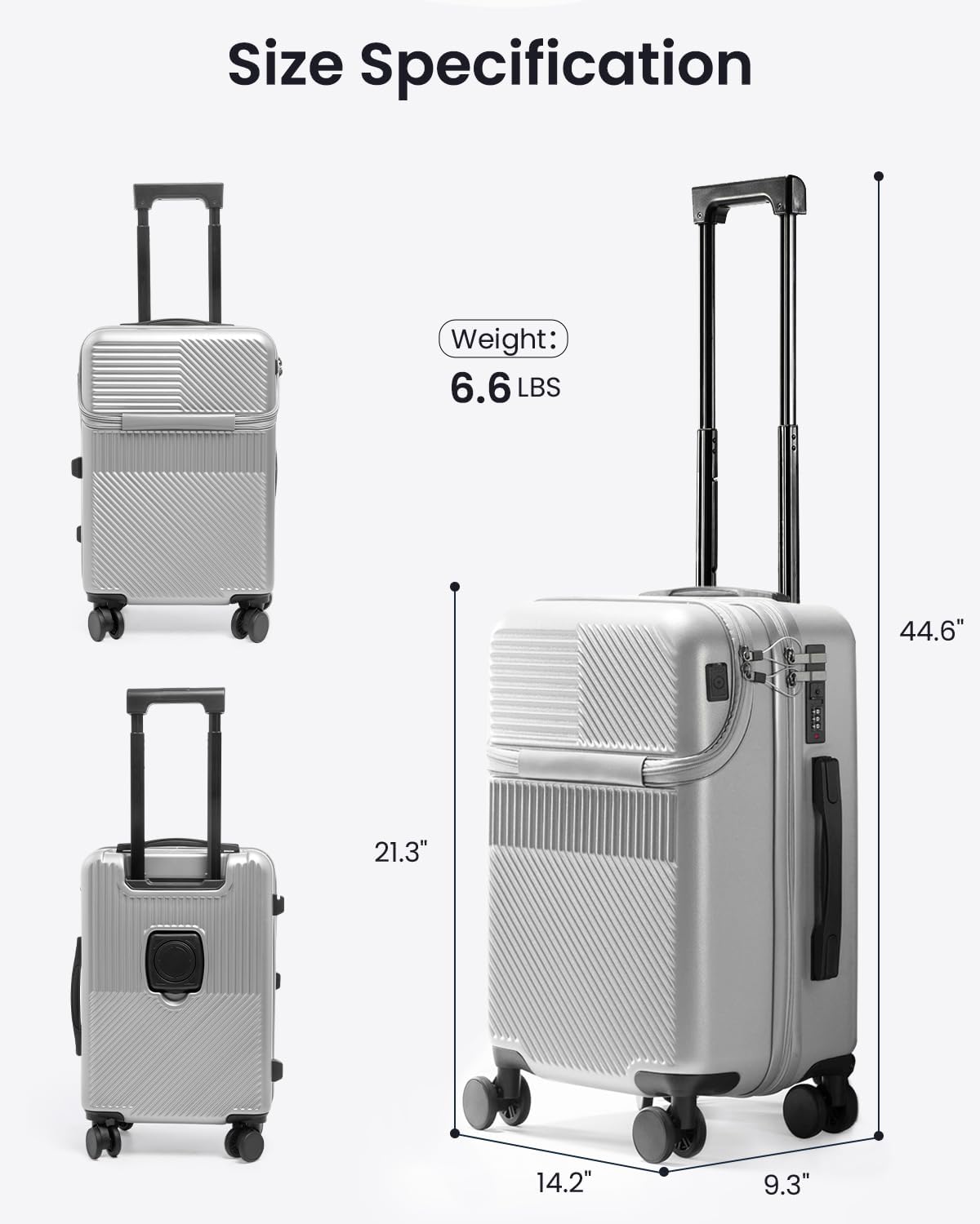UrbanExplorer 20 Inch Carry-On Luggage with Front Opening, Cup Holder & USB Port, Lightweight ABS+PC Hardshell Spinner Suitcase, Airline Approved, 360° Wheels, Black