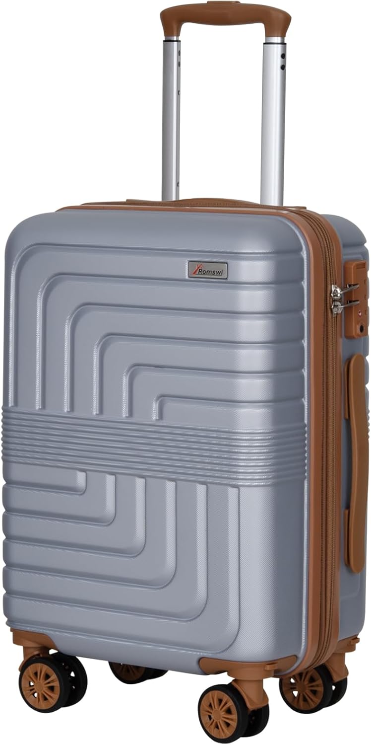 Romswi Expandable 22" Carry On Luggage,Hardshell Suitcase with Double Spinner Wheels for 20% More Space, Airline Approved Lightweight Hardside Luggage, Scratch-Resistant & YKK Zipper,Silver