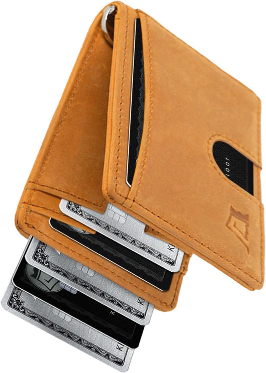 Kings Loot Money Clip Slim Minimalist Wallet for Men | RFID Blocking Leather Design with Money Clip | Front Pocket Bifold Holds 12 Cards | Stylish & Compact Wallets (Buckskin)