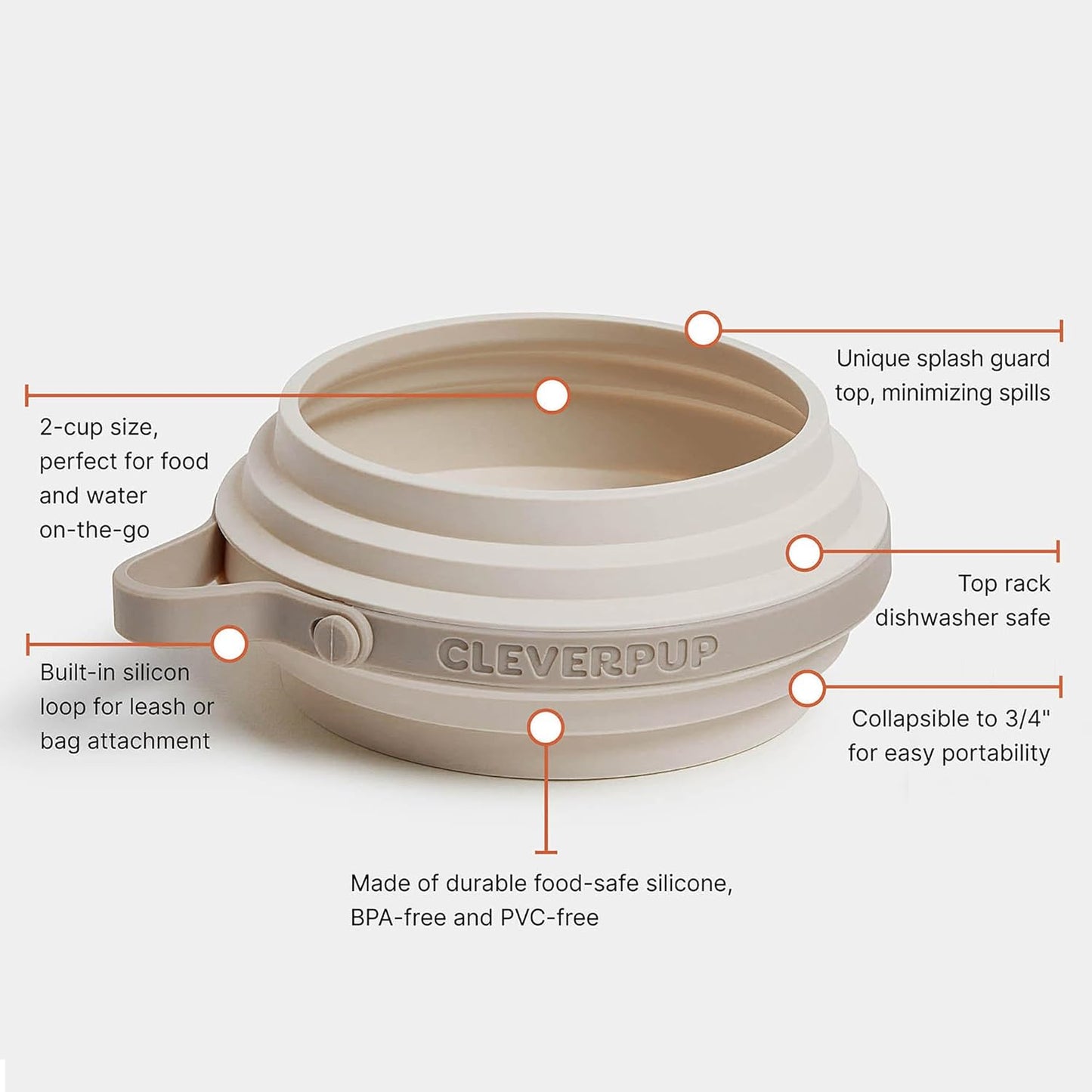 Nomad Small Collapsible Dog Bowl - 2 Cup Food-Safe Silicone Travel Bowl for Dogs, Portable & Sturdy, Food/Water, Dishwasher Safe - Sand