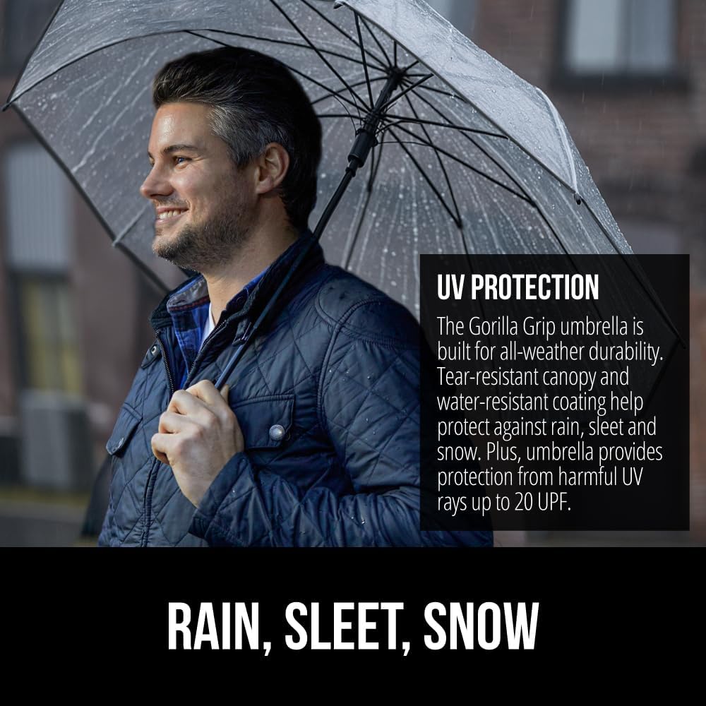 GORILLA GRIP Strong Stick Umbrella for Rain, Compact Travel One-Click Automatic Open Close, Lightweight, Portable, US Designed Reinforced Fiberglass Ribs, Wind Resistant, Easy Collapse, Clear