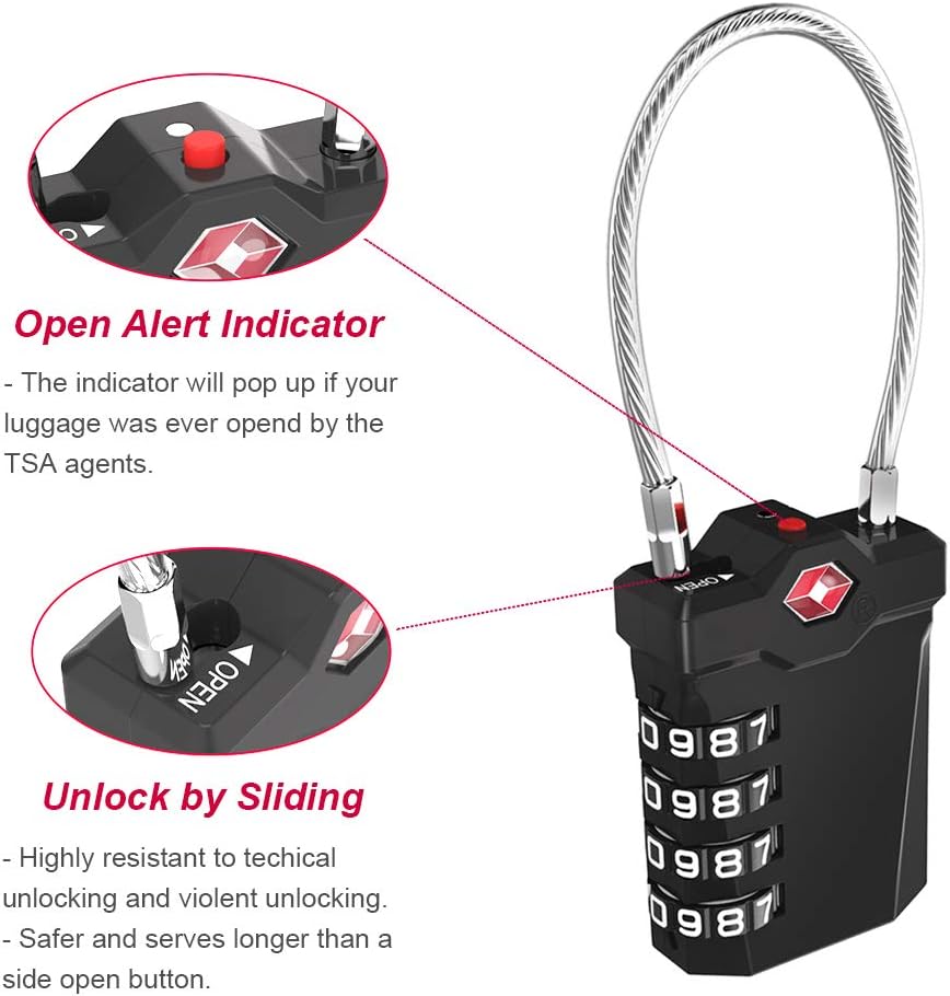 ZHEGE TSA Approved Locks for Luggage, Cable Locks with White Number, 4 Digit Combination Locks with Inspection Indicator for Suitcase, Backpack, Baggage, Code Padlocks for Locker (2 Pack, Black)