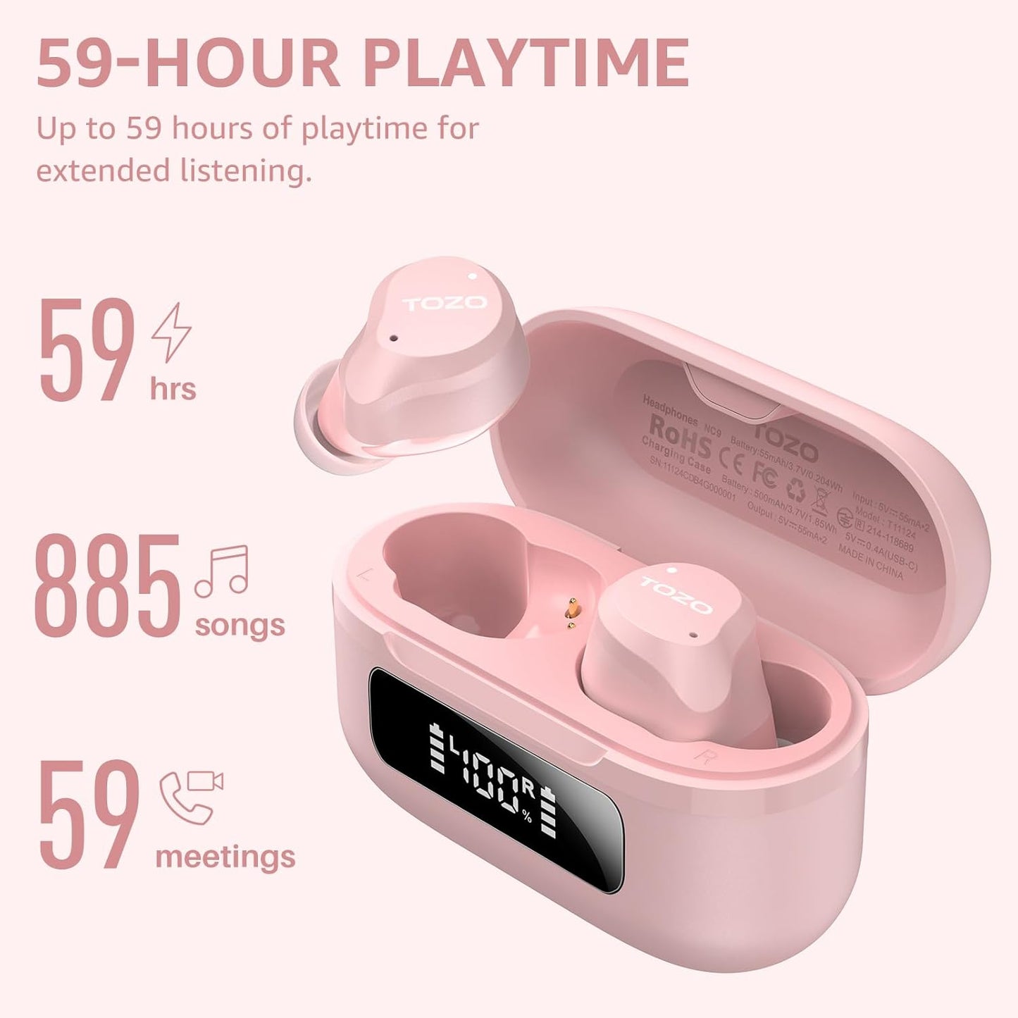 TOZO NC9 Hybrid Active Noise Cancelling Wireless Earbuds, 6 Mics ENC Clear Call, IPX8 Waterproof, in Ear Bluetooth 5.3 Headphones Stereo Bass Ear Buds 59H Playtime with LED Display 32 EQs via APP