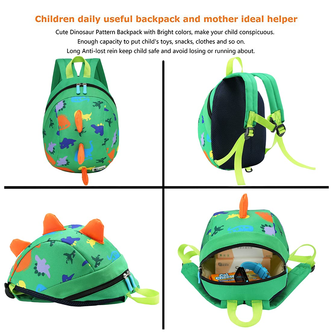 DB Dinosaur Toddler Mini Backpack with Leash, Children Kids Baby Harness Bookbag (Green)