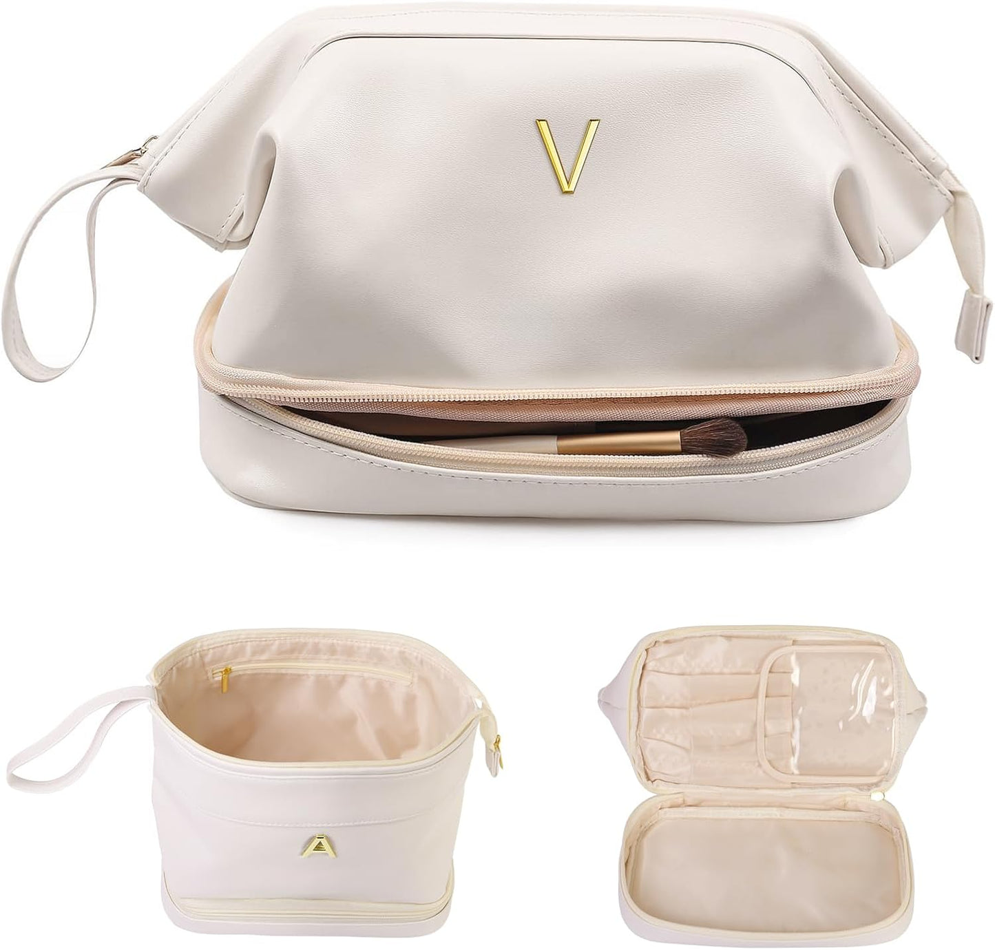 Bridesmaid Gifts for Women, Initial Makeup Bag,Gifts for Girls 12-14 Cosmetic Bag with Makeup Brush Organizer, Large Capacity PU Leather Travel Toiletry Bag, Initial Bags for Women