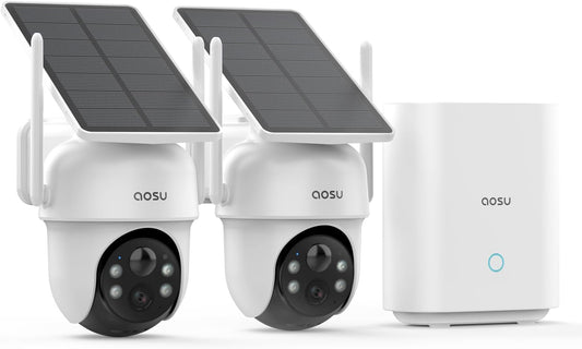 aosu Security Cameras Outdoor Wireless, 2 Cam-Kit, No Subscription, Solar-Powered, Home Security Cameras System with 360° Pan & Tilt, Auto Tracking, 2K Color Night Vision, Easy Setup, 2.4 & 5GHz WiFi