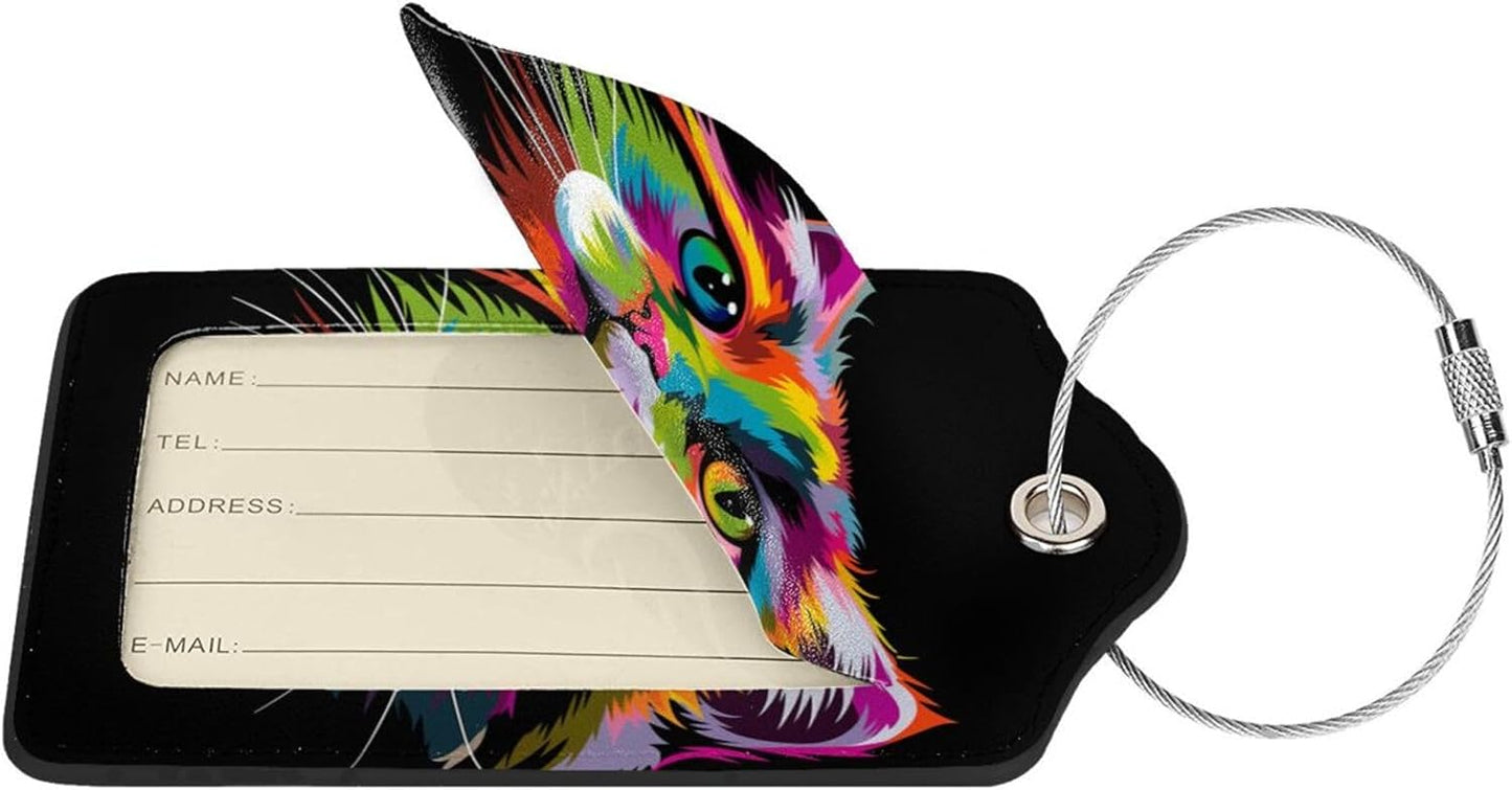 Cat Leather Luggage Tag with Stainless Steel Ring, Fun Name Id Card Cover Travel Bag Tag Set, Suitable for Travel Bag Luggage Women Men 1 PCS