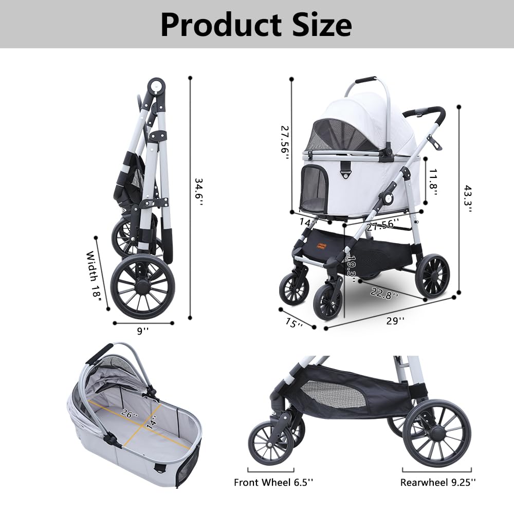 Dog Cat Stroller, Foldable 4 Wheels Dog Stroller for Small Medium Dogs 20 lbs,Pet Strollers for Large Dogs 50lbs, Stable Anti-Shock Detachble Carrier,with 360°Swiveling Front Wheel forTravel