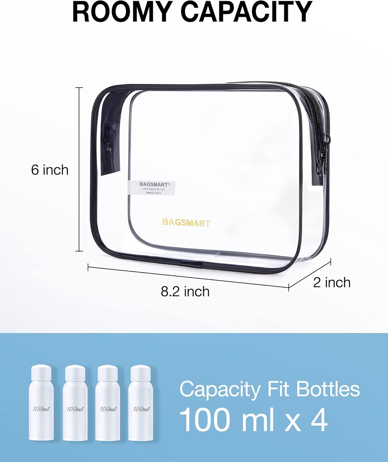 BAGSMART Clear Toiletry Bag, 2 Pack TSA Approved Travel Toiletry Bag Carry on Travel Accessories Bag Airport Airline Quart Size Bags Water Repellent Makeup Cosmetic Bag for Women (White-2pcs)