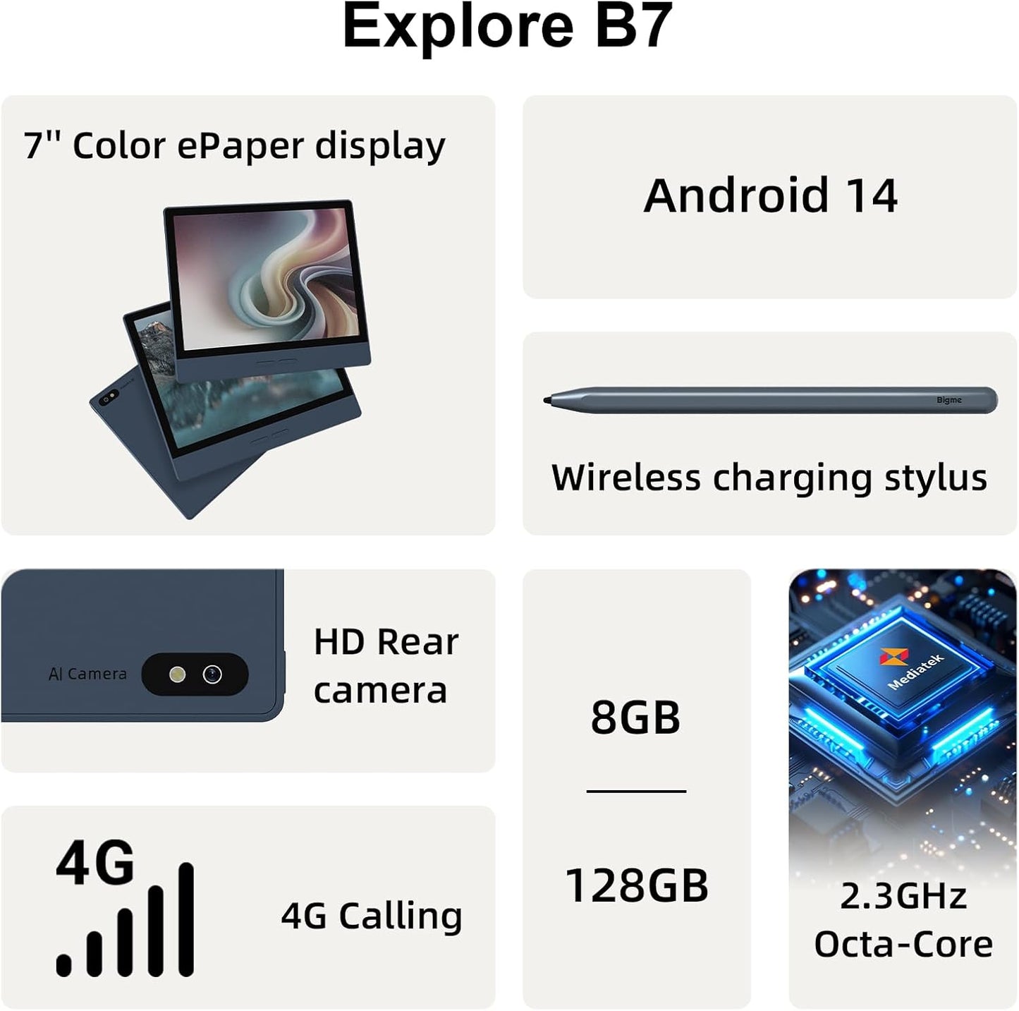 Bigme B7 Color ePaper Tablet 7 Inch 8+128GB Ebook Reader with 4G Calling