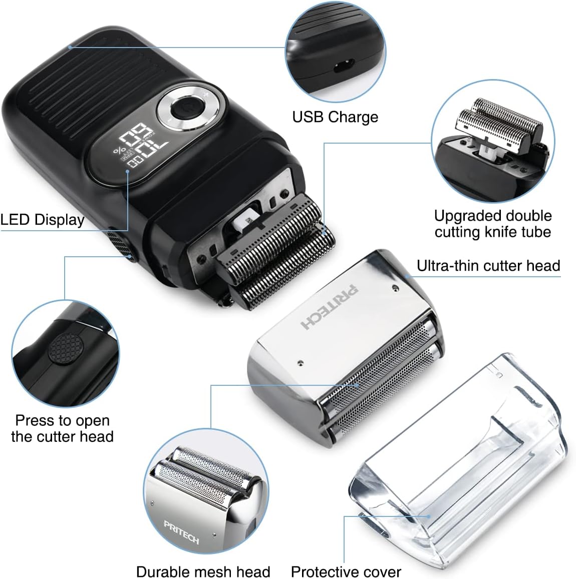 PRITECH Foil and Bald Shavers 2 in 1 Electric Shaver for Men Foil Blade and PopupTrimmer with Rechargeable 3 Adjustable Speeds Men's Shaver (Black Silver)