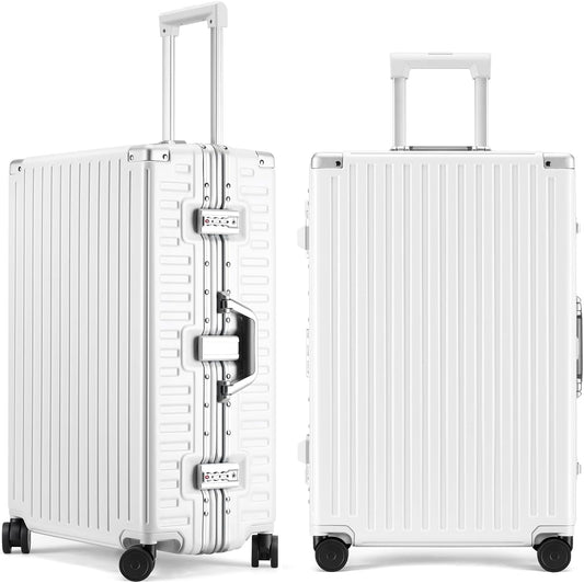 ROAMING Zipperless Luggage 28 Inch with Aluminum Frame, Checked-Large Lightweight 3-Layer PC Hard Shell Suitcase with Spinner Wheels, Metal Travel Luggage with Three TSA Locks, Shell white