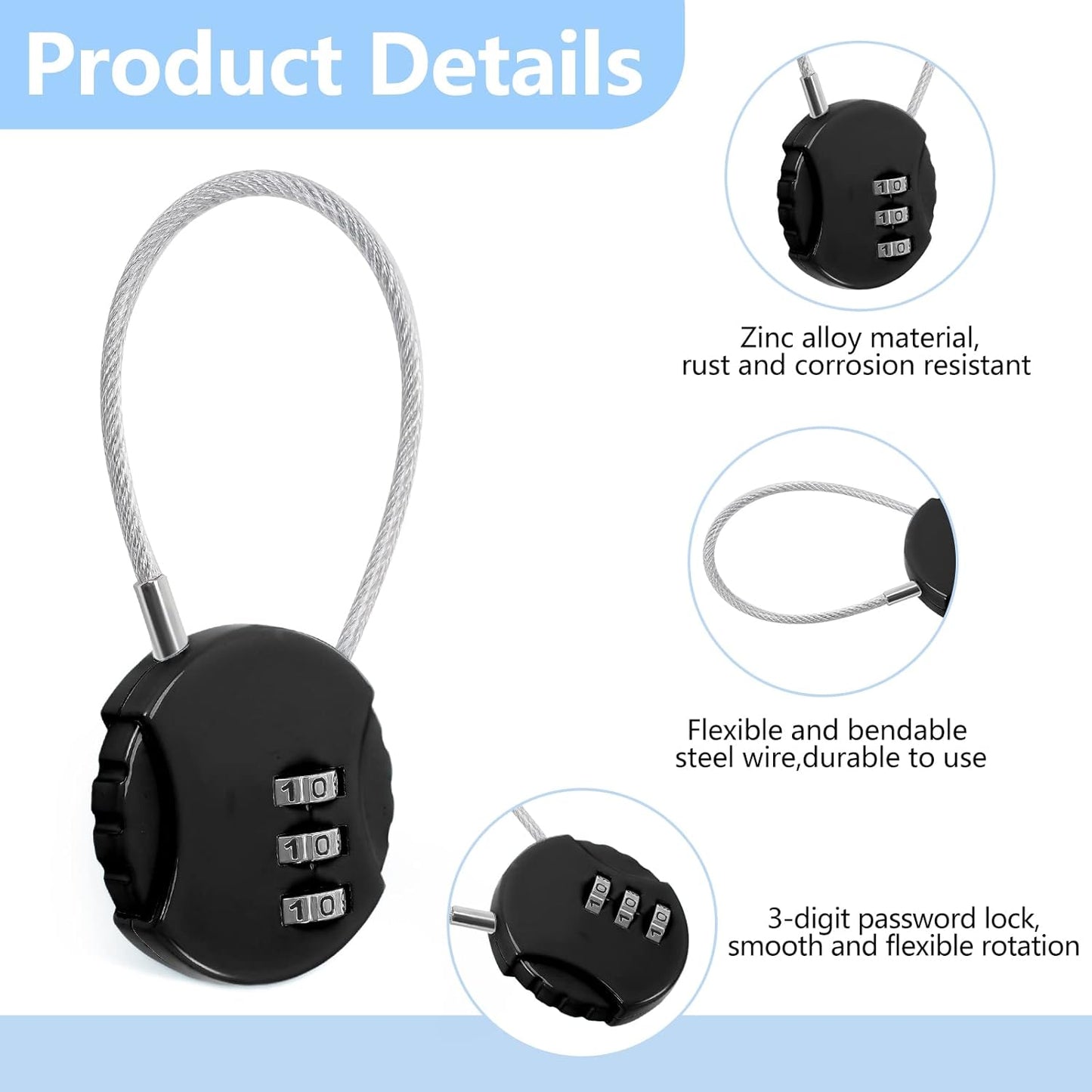 Therwen 36 Pcs Combination Lock 3 Digit Gym Waterproof Padlock Resettable Bag Luggage Gate Combination Lock Outdoor for School Fence Travel Toolbox Storage, Black