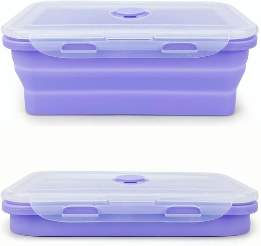 Purple Collapsible Sandwich Container, Silicone Lunch Container Bento Box with Plastic Lid, Microwave Safe, Camping Bowl For Meal Prep, Travel and Hiking, 40oz/1200ML