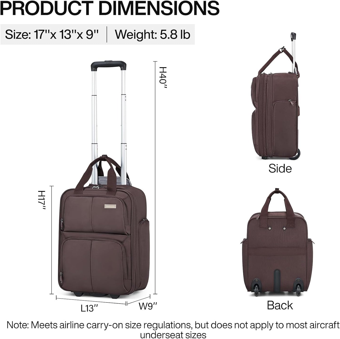 Hanke Softside Expandable Underseat Carry On luggage for Airplanes,Travel Luggage Rolling Bag Personal Item Bag Small Suitcase,Coffee,16-Inch