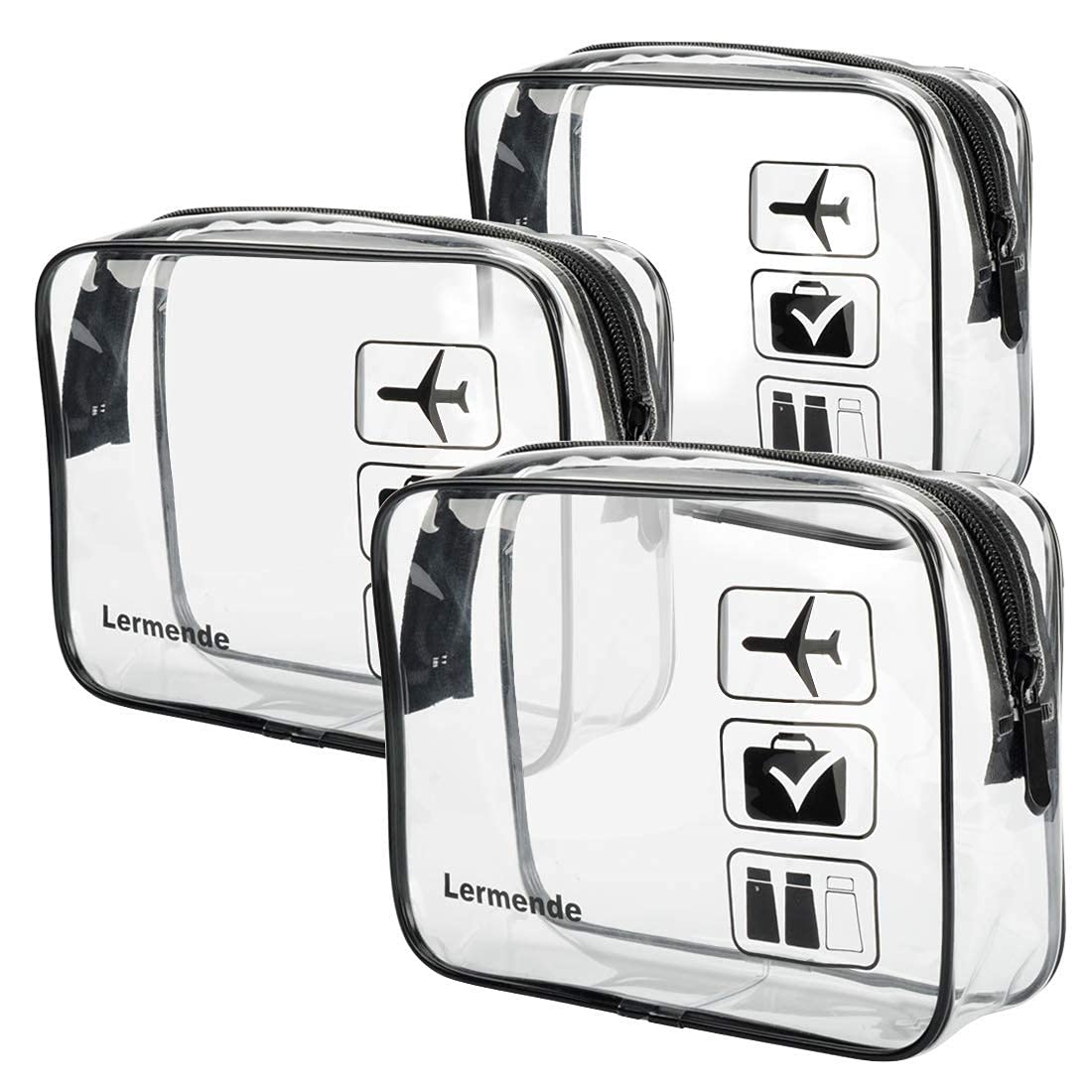 Lermende 2pcs Clear Toiletry Bag TSA Approved Travel Bag,Carry On for Travel,Airport Airline Accessories Compliant Bag,Quart Sized Makeup Cosmetic bag Women Men (Black, 3 Pack)