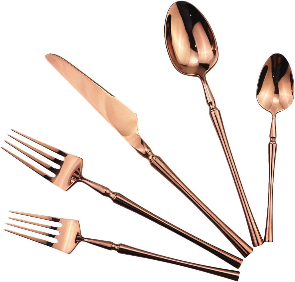 Gugrida 20 piece Copper Flatware Set 304 Stainless Steel Fork Spoon Cutlery Luxury Mirror Polished Silverware, Dishwasher Safe, Service for 4