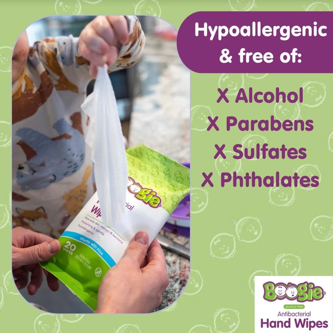 Boogie Antibacterial Hand Wipes by Boogie, Alcohol Free, Hypoallergenic and Moisturizing Aloe, for Kids and Adults -100 Total Wipes (5 Packs of 20)