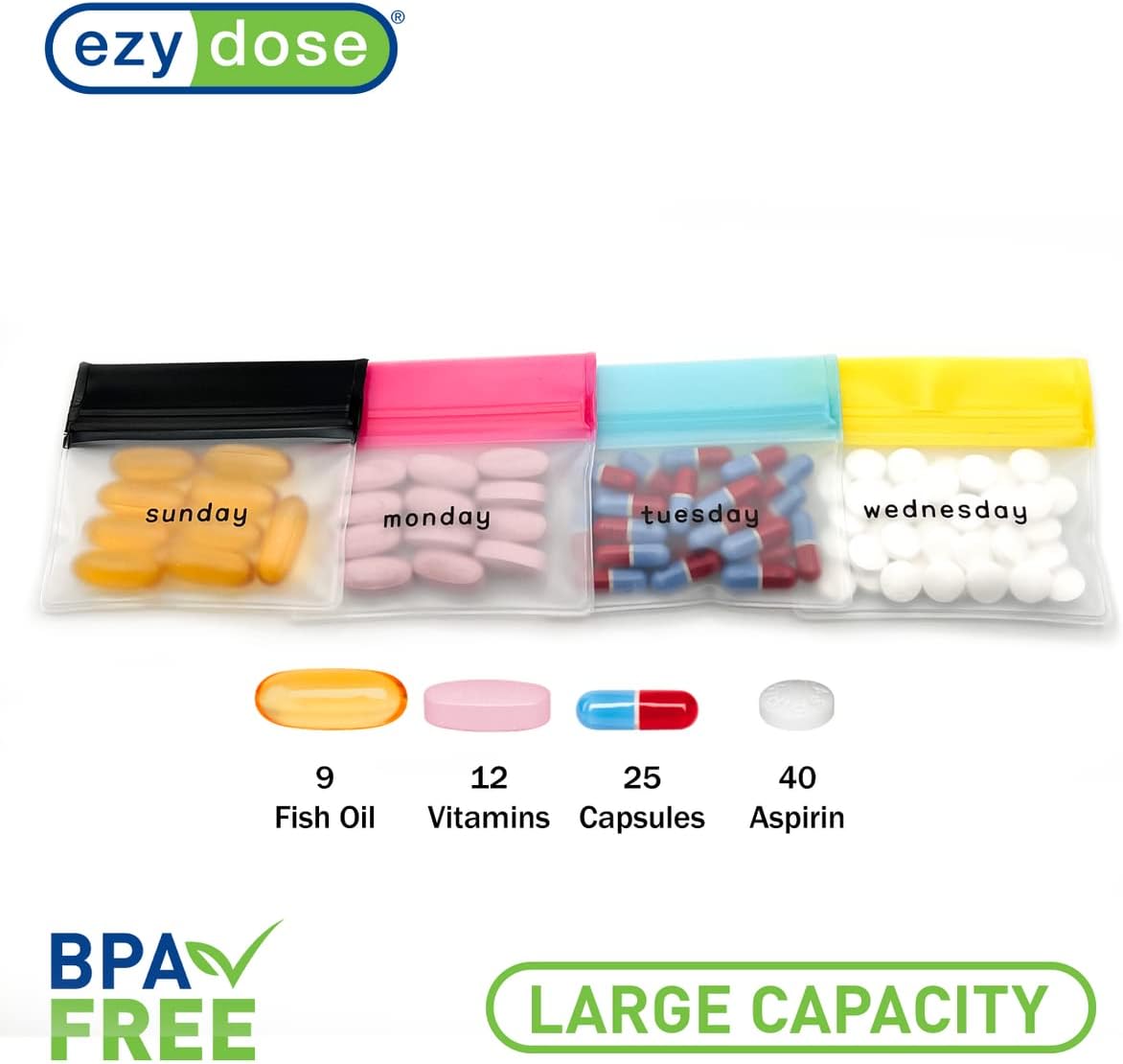 EZY DOSE Reusable 7-Day Pill Pouch Set, Durable Multi-Purpose Travel-Sized Baggies, Includes Days of The Week Labels w/Color for Easy Identification, Silicone Storage, Clear, BPA Free, TSA Approved