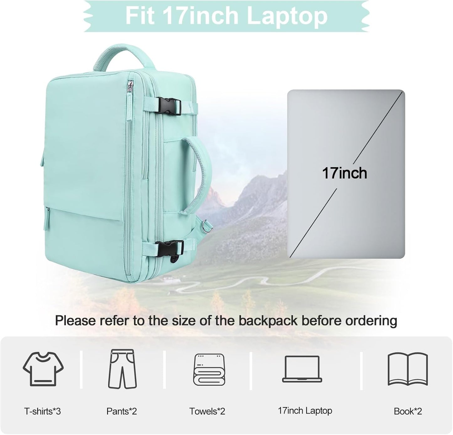 Hanples Large Travel Backpack for Women as Person Item Flight Approved, 35L Carry on Backpack, 17 Inch Laptop Backpack, Waterproof Backpack,Casual Bag with 2 Toiletry Bags (Mint Green)