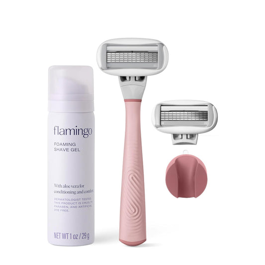Flamingo Shaving Razor Set for Women - Razor Handle, 2 Razor Blade Refills, Foaming Shave Gel, and Shower Holder - Rose