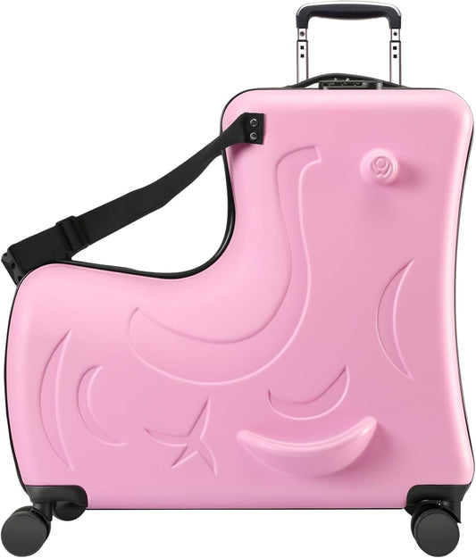 Hardside Ride on Kids Luggage with 4 Spinner Wheels for Girls and Boys,Rolling Childrens Travel Suitcase with Seat and Safety Belt for Toddler Ages 2-6,Verify Carry-on policy 21 Inch Pink