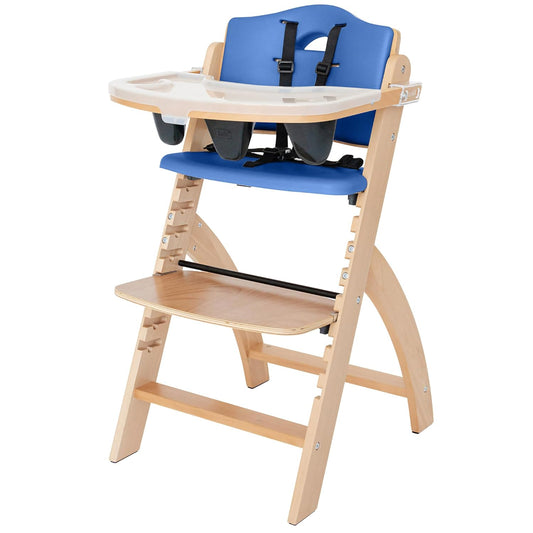 Abiie Beyond Junior Wooden High Chair with Tray - Adjustable and Convertible High Chair for Babies and Toddlers - 6 Months to 250 Lb - Water Resistant - Natural Wood/Blueberry Cushion