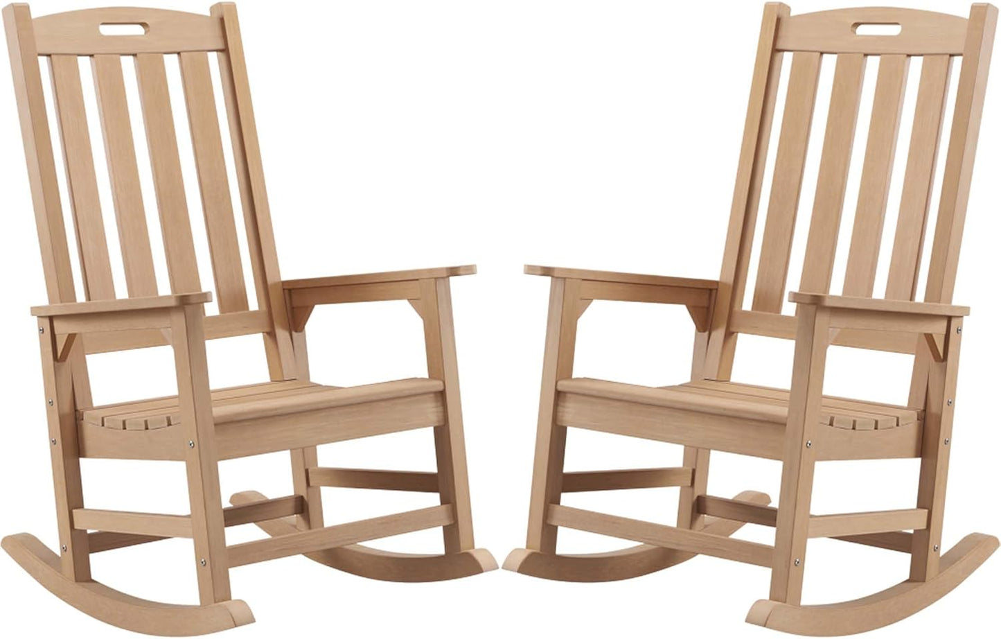 Psilvam Oversized Outdoor Rocking Chair Set of 2, Porch Rocker with 21" Wide Seat and 32" Tall Backrest, Pre-Assembled with Most Components for Effortless Installation (Teak Color)