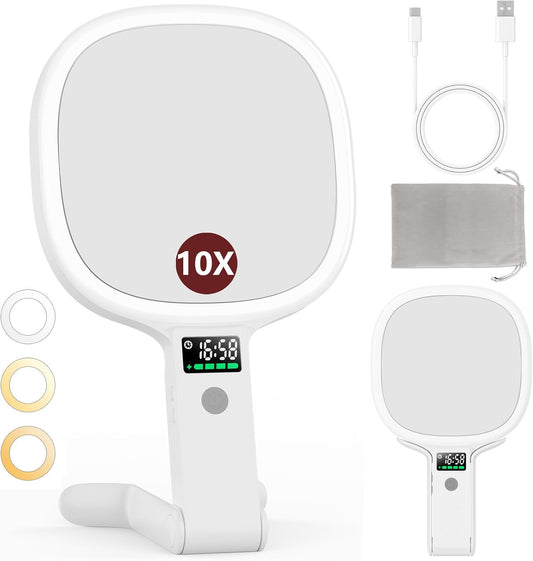 Alovely Travel Makeup Mirror with Light, Double Sided 10X Magnifying Mirror with Light, Rechargeable Portable Lighted Beauty Mirror, 3 Color Lighting Dimmable Touch Screen,Tabletop Handhold Hanging