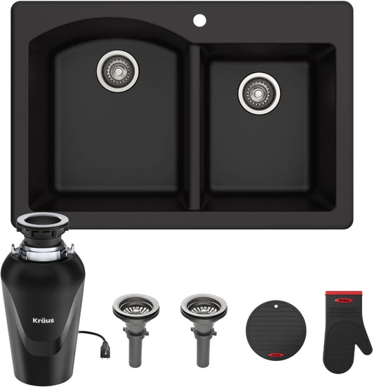 KRAUS Forteza™ 33” Dual Mount 60/40 Double Bowl Granite Kitchen Sink in Black with WasteGuard™ Continuous Feed Garbage Disposal, KGD-50BL-100-75MB