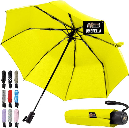 GORILLA GRIP Strong Stick Umbrella for Rain, Compact Travel One-Click Automatic Open Close, Lightweight, Portable, US Designed Reinforced Fiberglass Ribs, Wind Resistant, Easy Collapse, Yellow