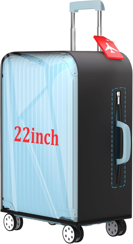 Upgraded Elastic Suitcase Covers for Luggage - Stretchable Black Cloth + Clear TPU, Fit 22 Inch Travel Suitcase, Waterproof & Anti-Scratch, Includes Free Red Luggage Tag