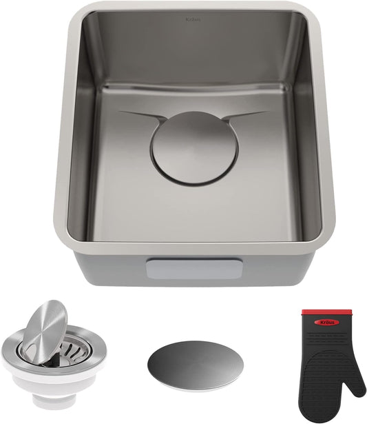 KRAUS Dex 17-Inch Undermount Single Bowl TRU16 Gauge Stainless Steel Kitchen Bar Sink with DrainAssure WaterWay and VersiDrain Assembly in Radiant Pearl Finish, KD1US17B