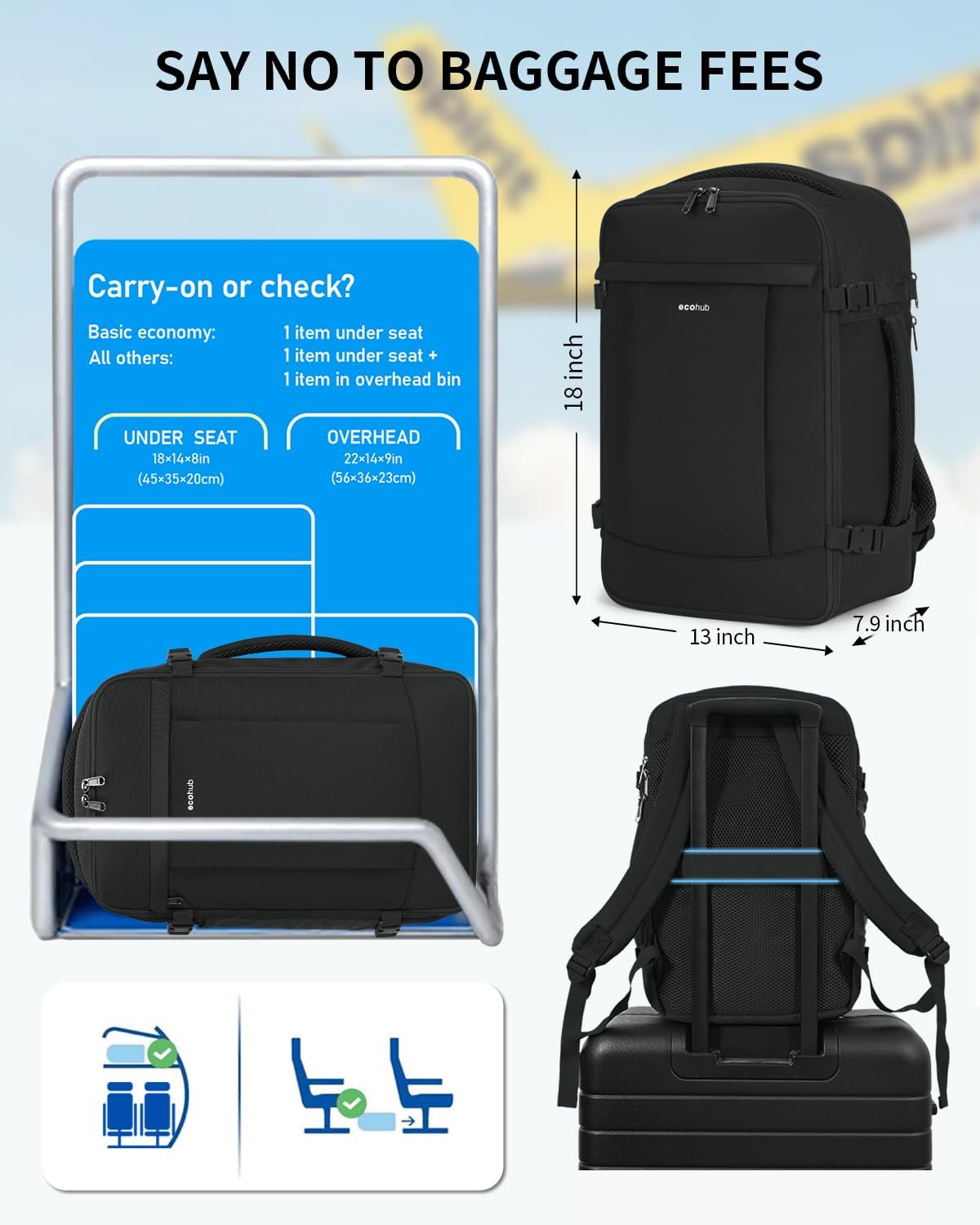 ECOHUB Travel Backpack for Men Women, Carry on Backpack with USB Charging Hole, Spirit Airlines Personal Item Bag Flight Approved, 15.6 Inch Laptop Backpack with Anti Theft Pockets, 30L, Black