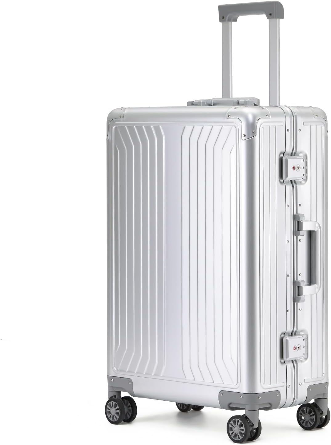 Metal all aluminum carry-on suitcase 20 "hard face, TSA lock and rotating wheel zippered luggage set (silvery, 28 '')