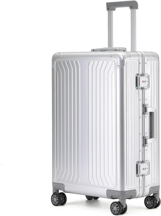 Metal all aluminum carry-on suitcase 20 "hard face, TSA lock and rotating wheel zippered luggage set (silvery, 28 '')