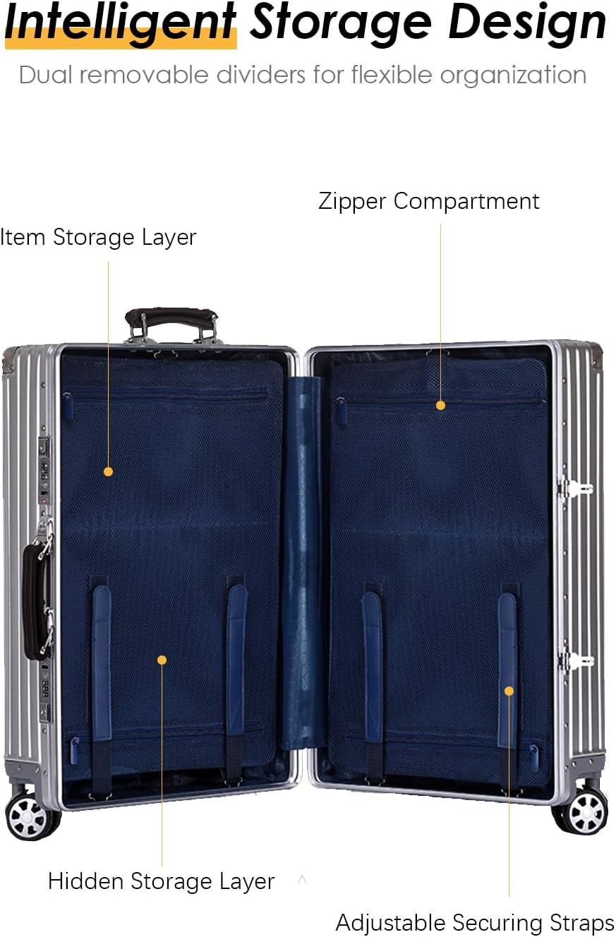 HotWay 28 Inch All Aluminum Checked in Luggage with Leather Handle, Hard Shell Zipperless Suitcase with TSA Locks and Spinner Wheels, Large Luggage for Business Travel, Blue