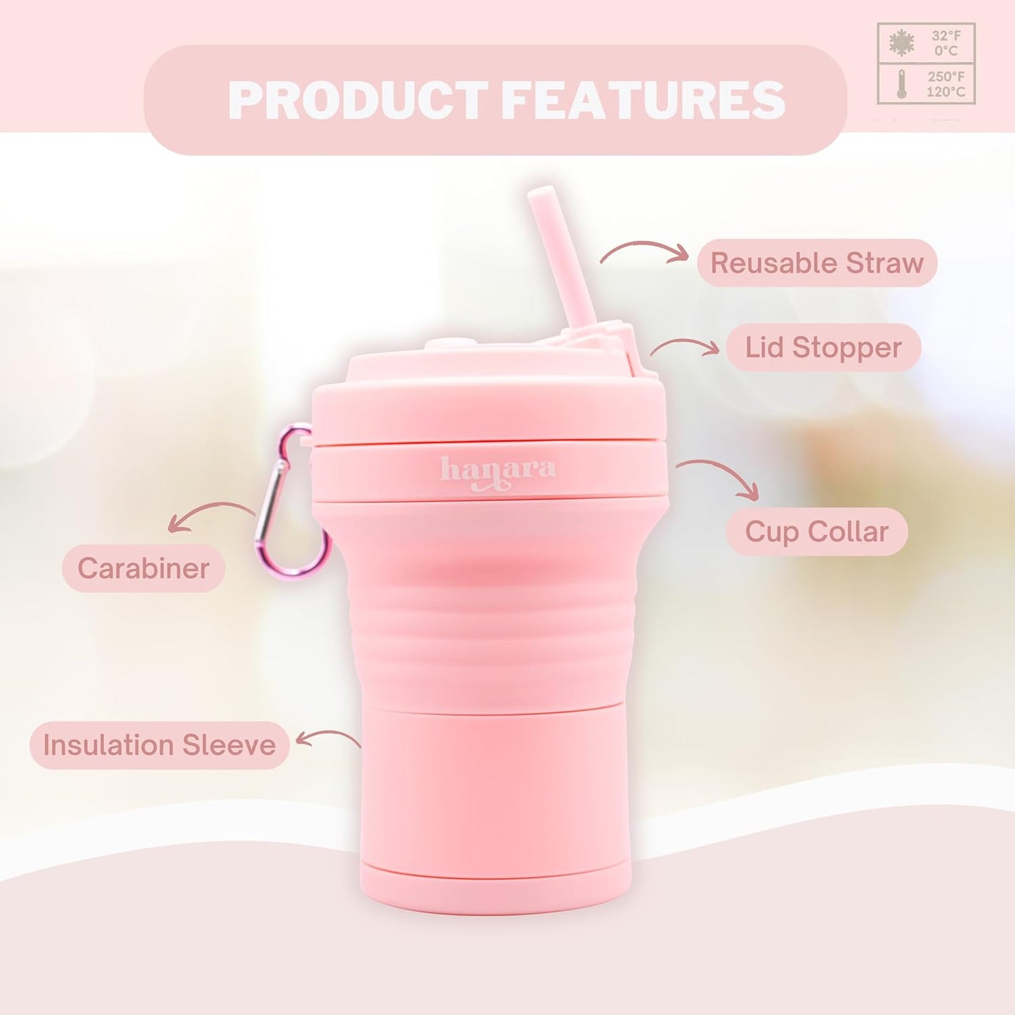 Collapsible Cup with Reusable Straw – 18 Oz (550 Ml), Portable Travel Mug, BPA-Free, Leak-Proof, Microwave & Dishwasher Safe, Multi-Purpose for Hot & Cold Drinks – Pink