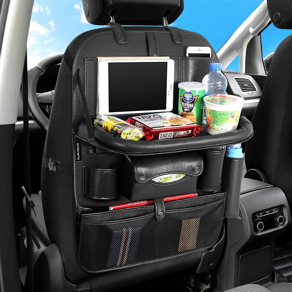 Car Backseat Organizer with Foldable Table Tray,Car Storage Organizer with Tablet Holder,Car Seat Back Protectors Kick Mats,Premium PU Leather Material,Compatible with Most Vehicles