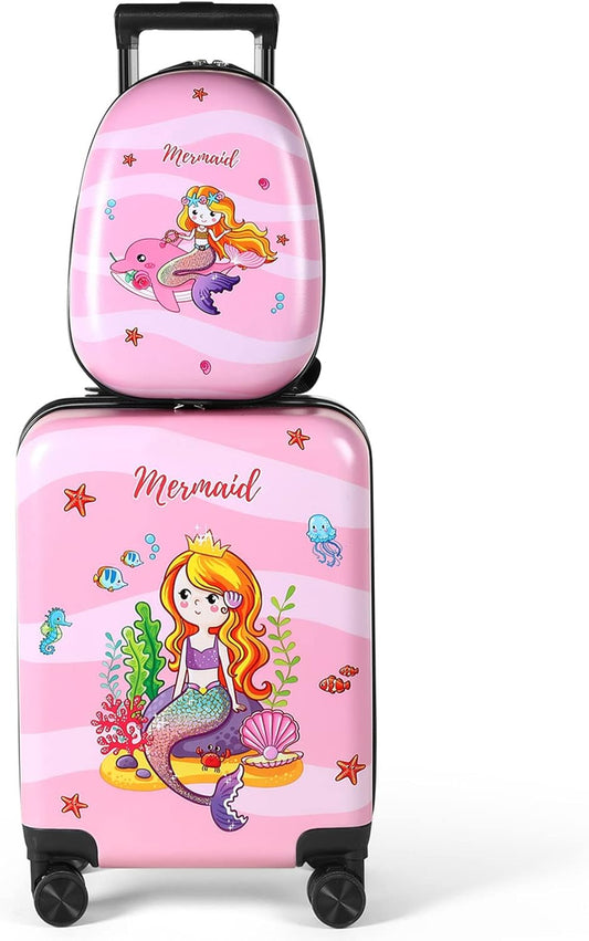 Weewooday Kids Luggage and Backpack 18" Suitcase with Spinner Wheel Hard Case Travel 13" Backpack Girl Suitcase Set for Kids Travel Supplies(Pink,Mermaid Style)
