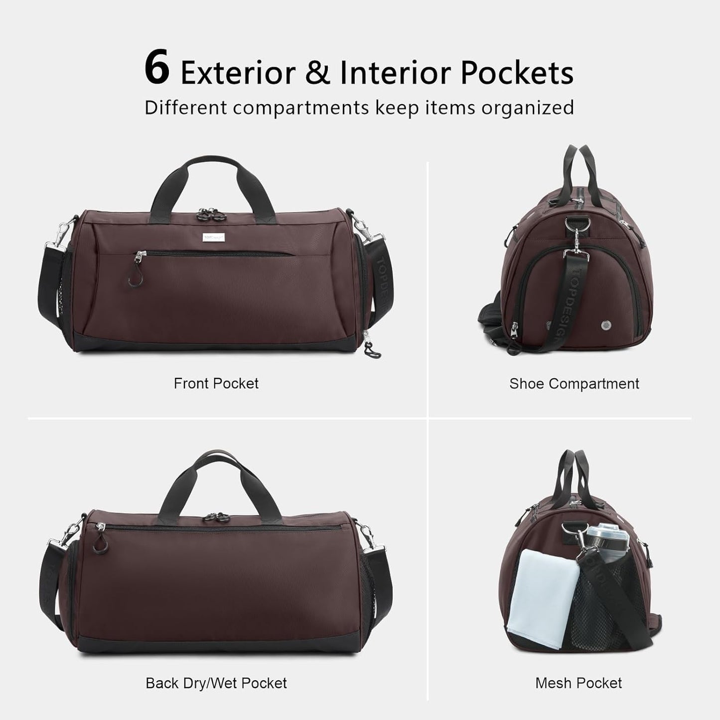 TOPDesign Gym Bag for Women & Men, Unisex Duffel Bag with Shoe Compartment & Wet Pocket for Travel Sports Gym (L Brown)
