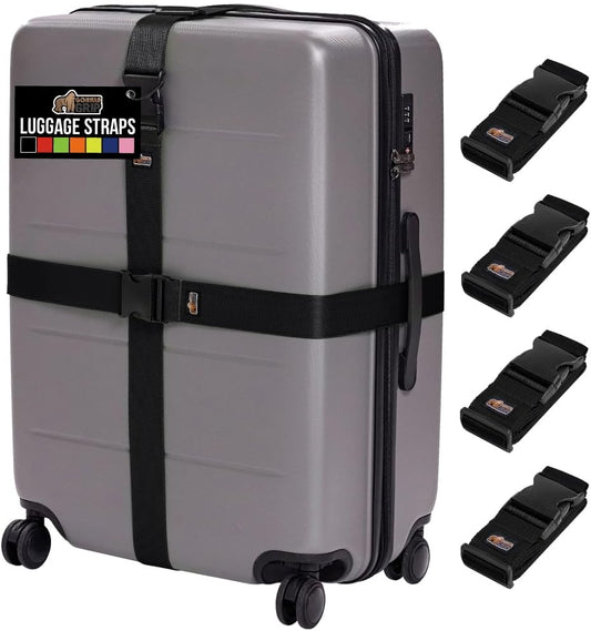 GORILLA GRIP Heavy Duty 4 Pack Adjustable Luggage Straps for Suitcases, Easy to Identify Travel Belt Connector Holds Suitcase Together, Extends Life of Bag, Strap Connects Two Bags, Accessories, Black
