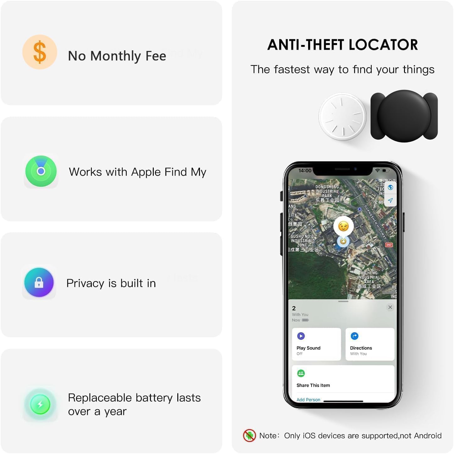 No Subscription Vehicle GPS Tracker,Portable Car GPS Tracker Work with Apple Find My（iOS Only,Mini Magnetic GPS Device Full Coverage Pinpoint Vehicle Location Elderly Children Pets (Black,2PCS)