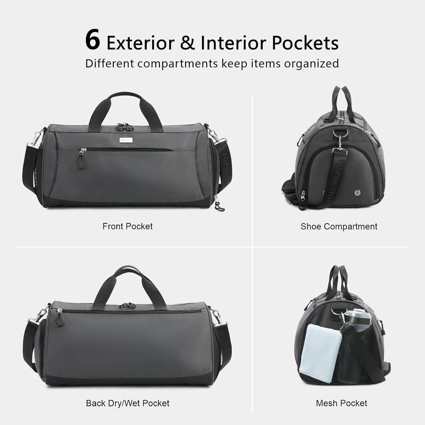 TOPDesign Gym Bag for Women & Men, Unisex Duffel Bag with Shoe Compartment & Wet Pocket for Travel Sports Gym (L Grey)