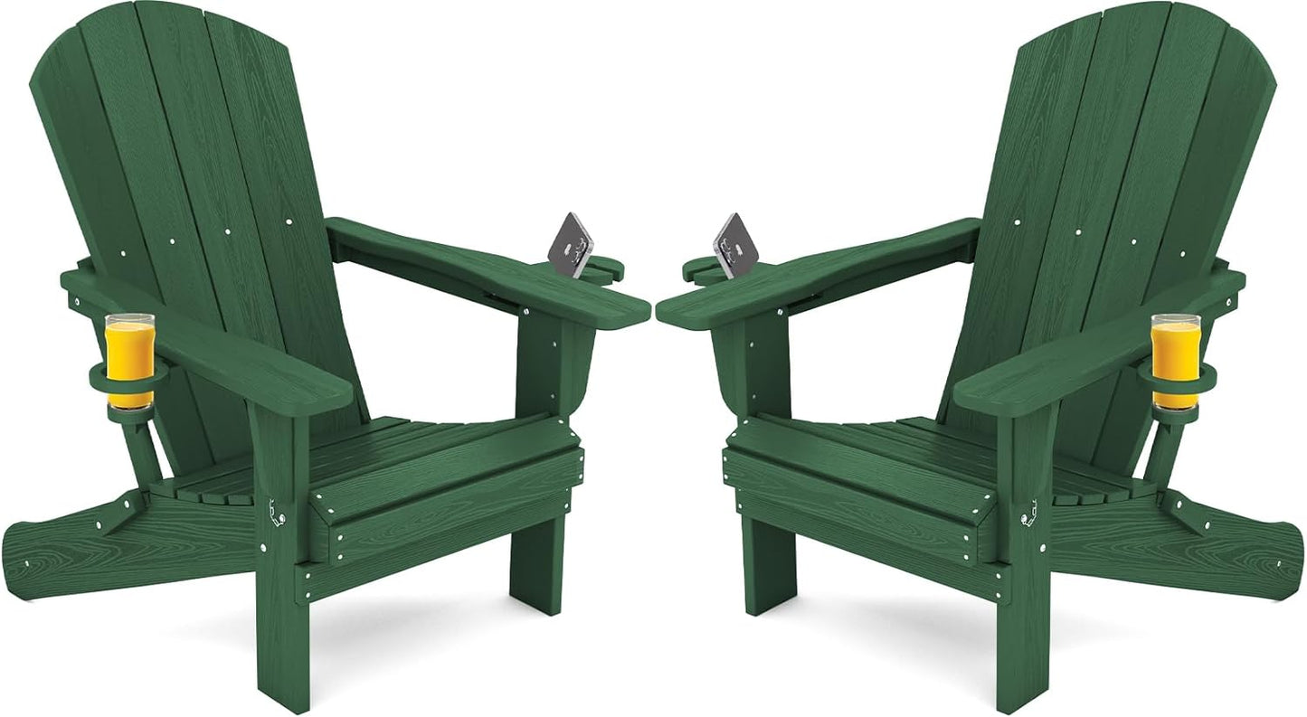 SERWALL Adirondack Chair with Cup Holders - Composite Adirondack Chairs Set of 2 HDPE Outdoor Chairs All Weather Use- Green