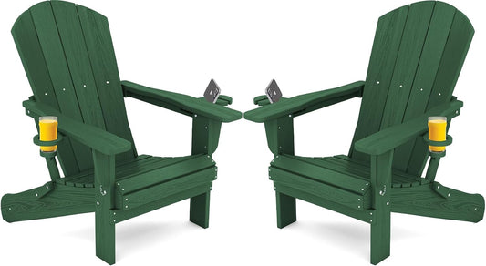 SERWALL Adirondack Chair with Cup Holders - Composite Adirondack Chairs Set of 2 HDPE Outdoor Chairs All Weather Use- Green