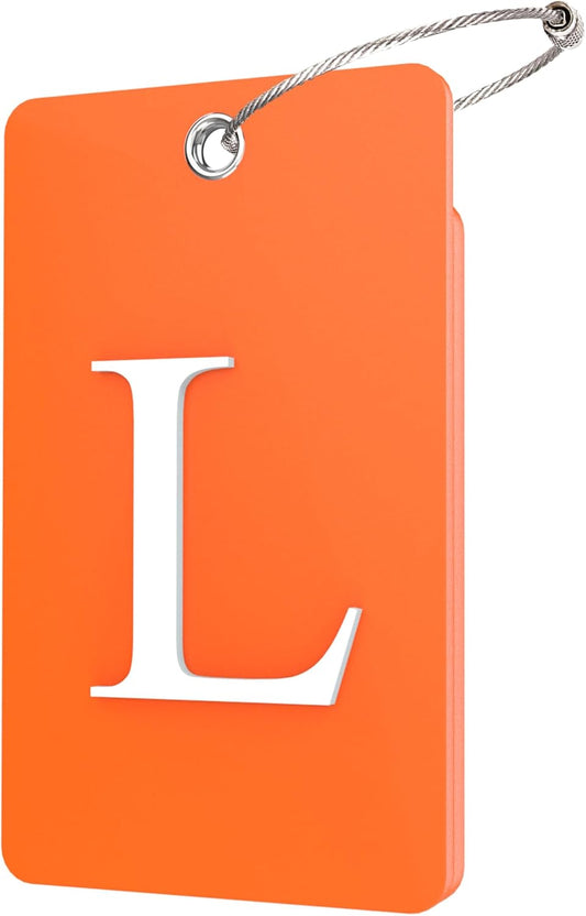 Gostwo 2 Pack Luggage Tags for Suitcases, 26 Initial Letter Travel Luggage Baggage Identification Labels ID Tag Fully Bendable Tags with Stainless Steel Loop (Orange) (Letter L)